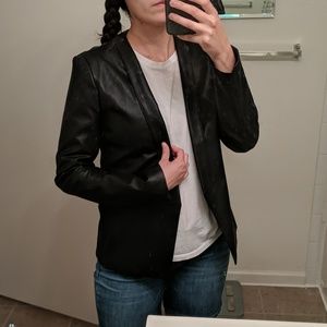 Black Vegan Leather Open Front Blazer